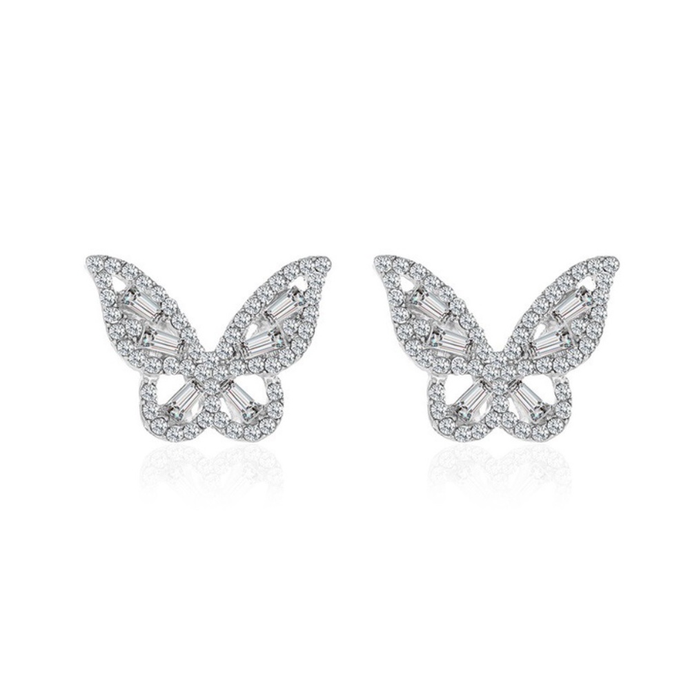 Silver shiny zircon butterfly crystal alloy earings